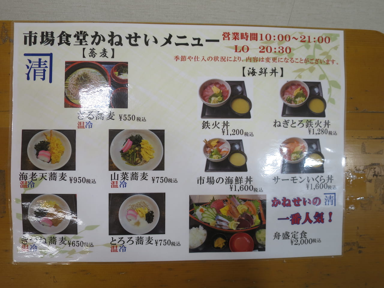 市場食堂かねせいメニュー