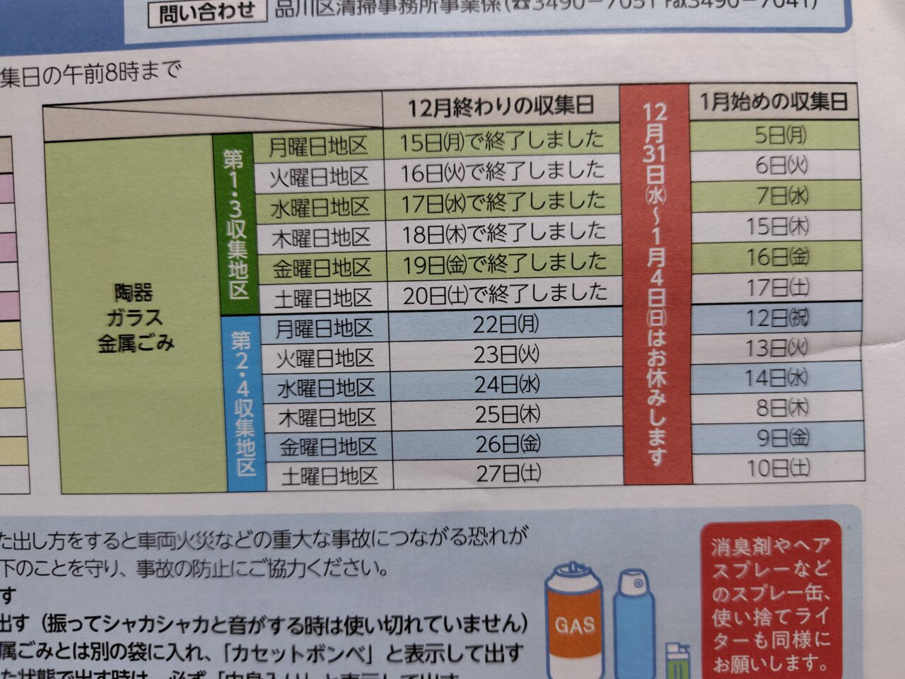 品川区年末年始の資源・ごみ収集