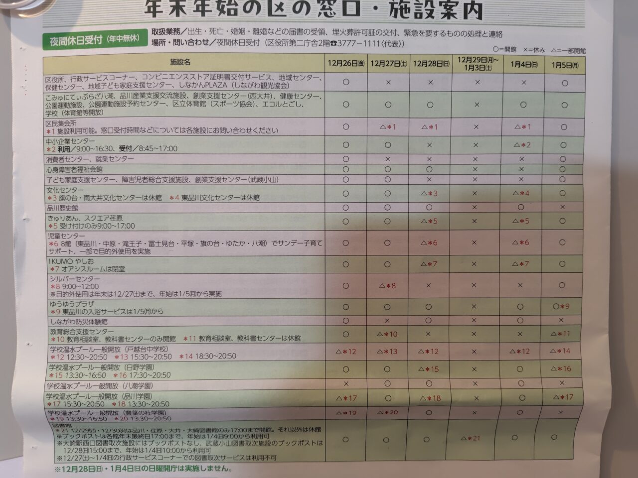 品川区年末年始の区の窓口・施設案内